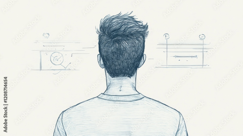 Poster rear view of a man facing design sketches.