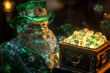 Fototapeta premium Emerald leprechaun statue holding treasure chest of jewels