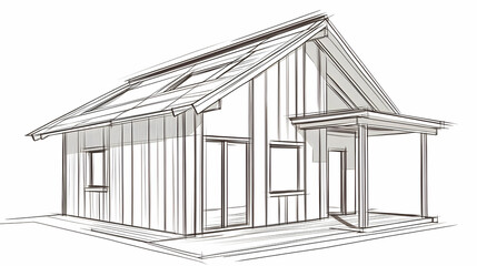 Modern tiny house architectural sketch, showcasing sustainable design with solar panels, situated on a grassy area, ideal for sustainable living brochures