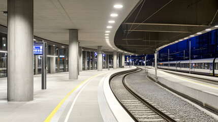 Modern train station platform at night, sleek design, departing train in background, ideal for travel and transport imagery
