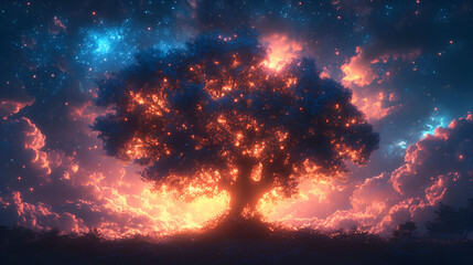 Illuminated Tree Underneath a Starry Night Sky