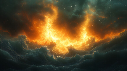 Fiery Celestial Waves Crashing Over Dark Ocean