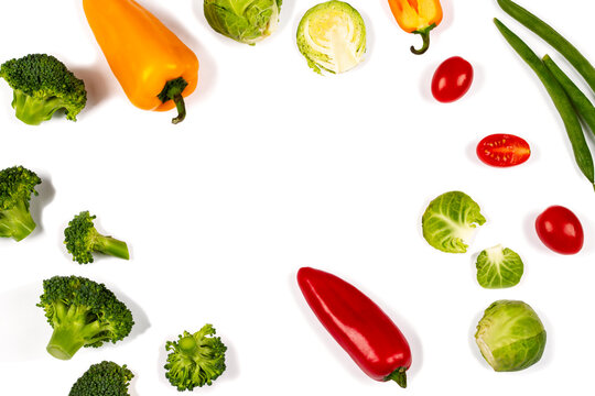 Fresh ripe vegetables on white background, top view
