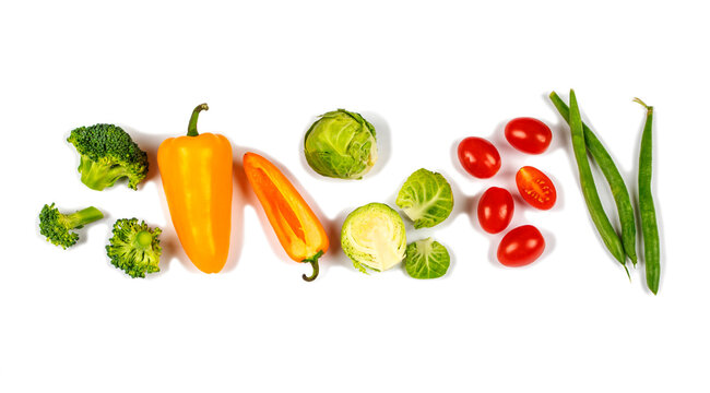 Fresh ripe vegetables on white background, top view