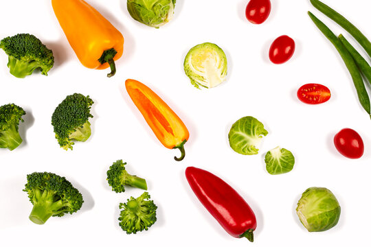 Fresh ripe vegetables on white background, top view