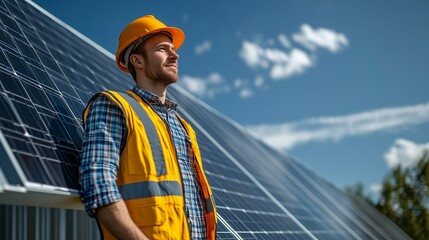 Confident solar energy engineer in a reflective vest and hard hat standing beside solar panels under a clear sky.