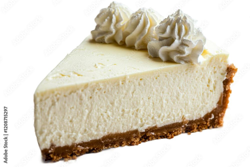 Poster cheesecake slice with creamy topping and graham cracker crust isolated on transparent background