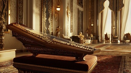 Ornate dulcimer in opulent palace interior.