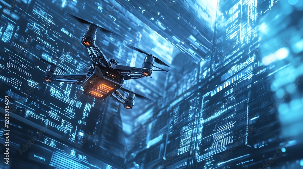 Poster drone flying through a high-tech digital environment showcasing futuristic technology and advanced d