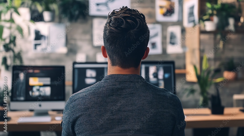 Poster focused individual working at desk with multiple computer screens in modern workspace