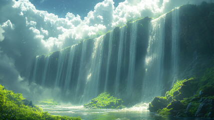 Serene Waterfall Cascading Down Lush Green Cliffs