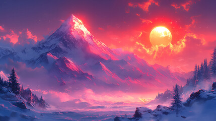 Majestic Snowy Mountain Peak at Sunset with a Large Sun