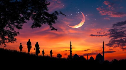 Fototapeta premium Family Silhouettes Walking Towards Mosque Sunset