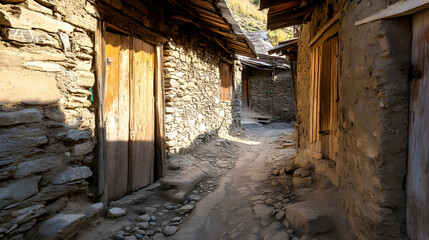 Obraz premium Mountain village alleyway sunlight stone houses travel photography
