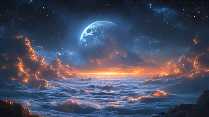Celestial Sunset Above A Sea Of Clouds And Stars