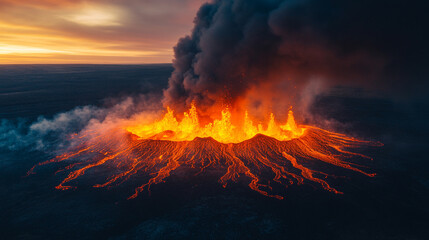 A stunning aerial view of a volcanic eruption at dusk, capturing fiery lava, thick smoke, and glowing skies, embodying nature's raw power, creation, and destruction in vibrant detail with a minimalist