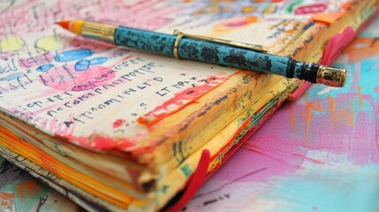 Colorful pen and journal showcasing creative thoughts and art.