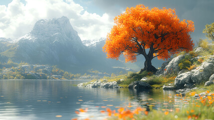 Autumn Tree by a Mountain Lake Scene