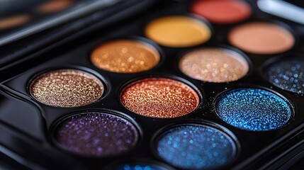 A Palette of Shimmering Colors: Close-Up of a Makeup Eye Shadow Tray