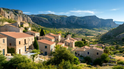 Mountain village, valley view, Crete, sunny day, travel destination