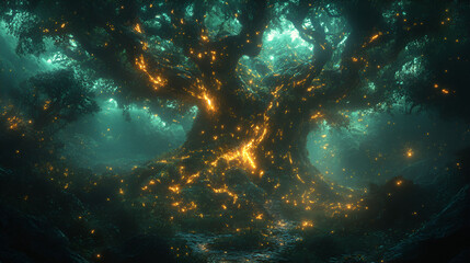 Enchanting luminous tree in a mystical forest scene
