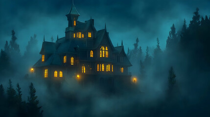 Mysterious mansion in foggy forest at night; Halloween, mystery, horror