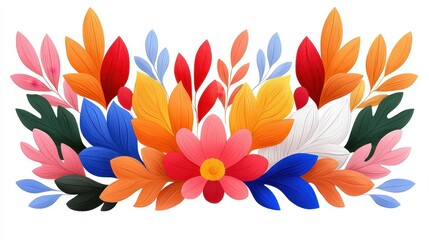 Vibrant Floral Arrangement with Colorful Leaves and Petals Featuring Various Shapes and Textures Ideal for Decorative or Artistic Backgrounds