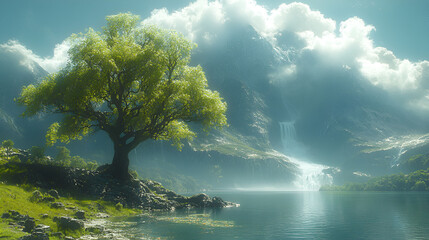Serene Lakeside Tree Mountain Waterfall Scene