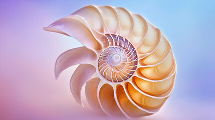 Obraz premium Nautilus shell spiral close-up, pastel background, ocean life, nature photography, website design