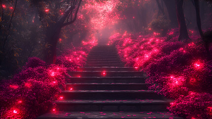 Enchanting Stone Steps Through a Pink Illuminated Forest