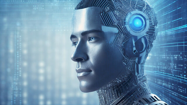 3d rendering humanoid robot with artificial intelligence in blue light bokeh background