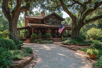 Fototapeta premium Rustic wooden house, lush garden, American flag.