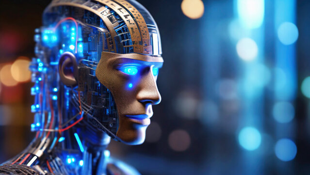 3d rendering humanoid robot with artificial intelligence in blue light bokeh background