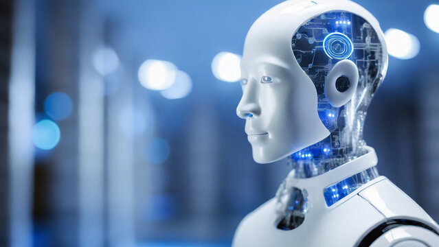 3d rendering humanoid robot with artificial intelligence in blue light bokeh background