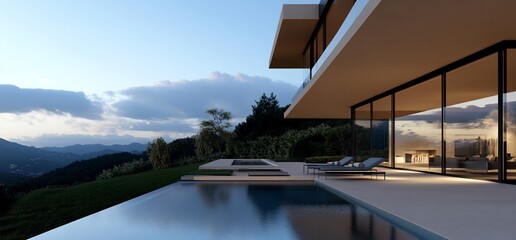 Fototapeta premium Hilltop modern home infinity pool sunset view
