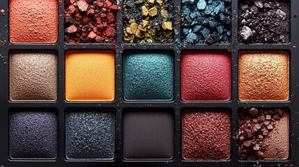 Fototapeta premium A vibrant array of eyeshadow shades displayed in a palette with a range of colors