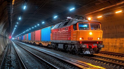 Fototapeta premium Freight Train Emerging from Tunnel: A Symphony of Light and Steel