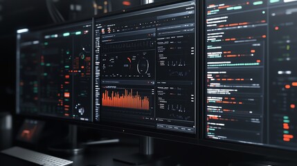 Obraz premium Complex Data Visualization Displayed on Multiple Monitors in a Dimly Lit Workspace Focusing on Analysis and Monitoring