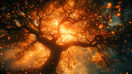 Ancient Tree Glowing With Golden Light And Falling Leaves