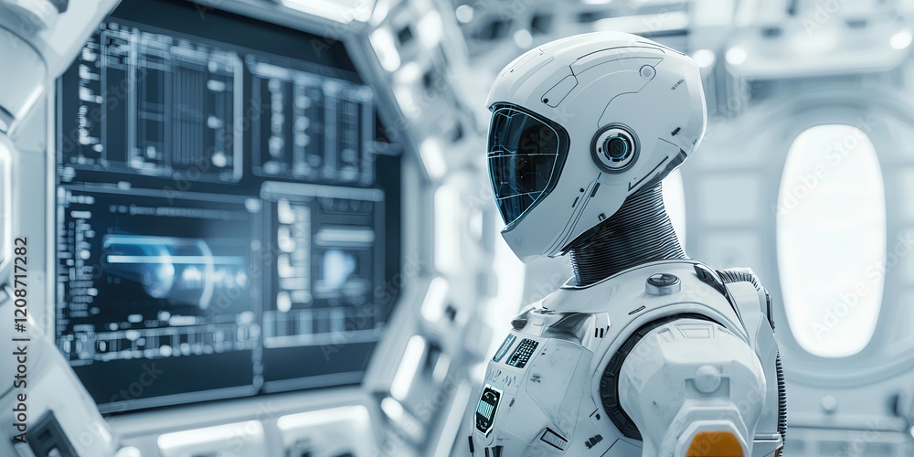 Poster clean energy wind management Concept. Futuristic robot observing data in a high-tech space environment.