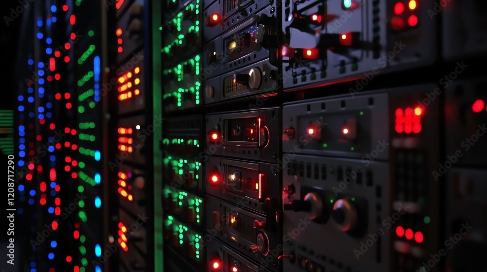 Poster colorful lights illuminate server racks in a high-tech data center during nighttime operations