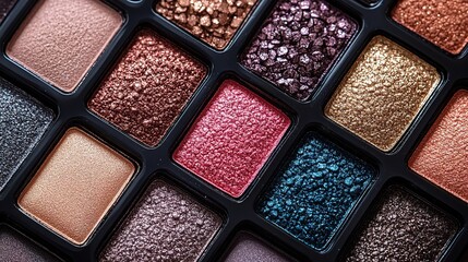 Fototapeta premium Close-up view of a colorful makeup eyeshadow palette showing various shimmer colors