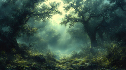 Mystical Forest Path Sunlight Through Ancient Trees