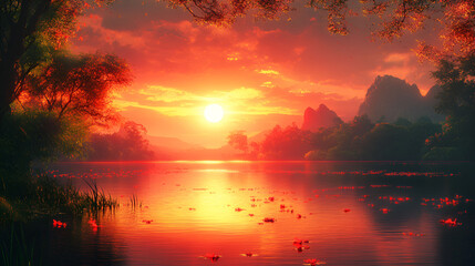 Serene Sunset Over Calm Lake With Floating Flowers