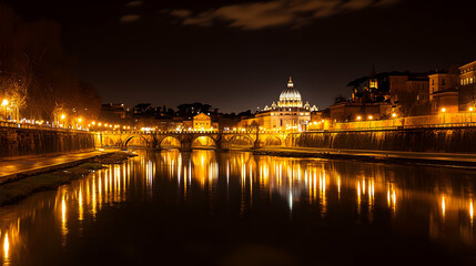 Obraz premium Night view of St. Peter's Basilica across Tiber River, Rome, Italy; travel and tourism photography