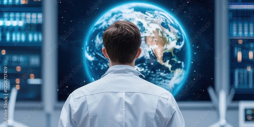 Poster clean energy wind management concept. a scientist observes a glowing earth from a high-tech control 
