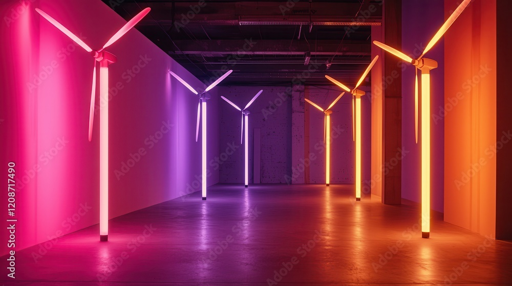 Poster clean energy wind management concept. vibrant illuminated columns resembling wind turbines in a mode