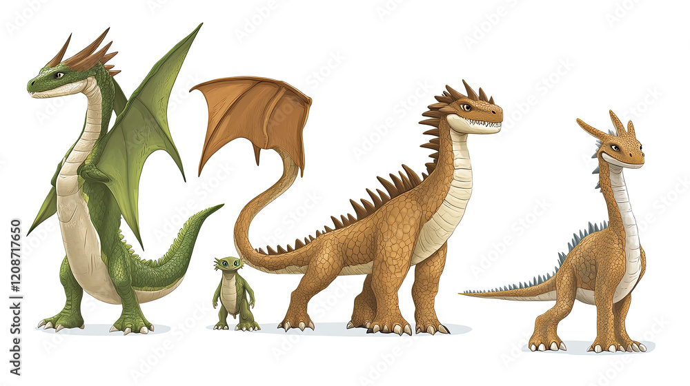 Poster isolated multicolored dragons on transparent background generative ai