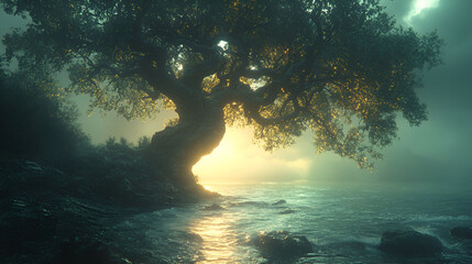 Ancient Tree Stands Sentinel Over Misty Riverbank
