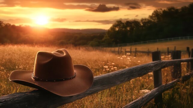 Rustic outdoor scene with cowboy hat against wooden fence at sunset. Concept Outdoor Photoshoot, Rustic Theme, Cowboy Hat, Wooden Fence, Sunset Setting